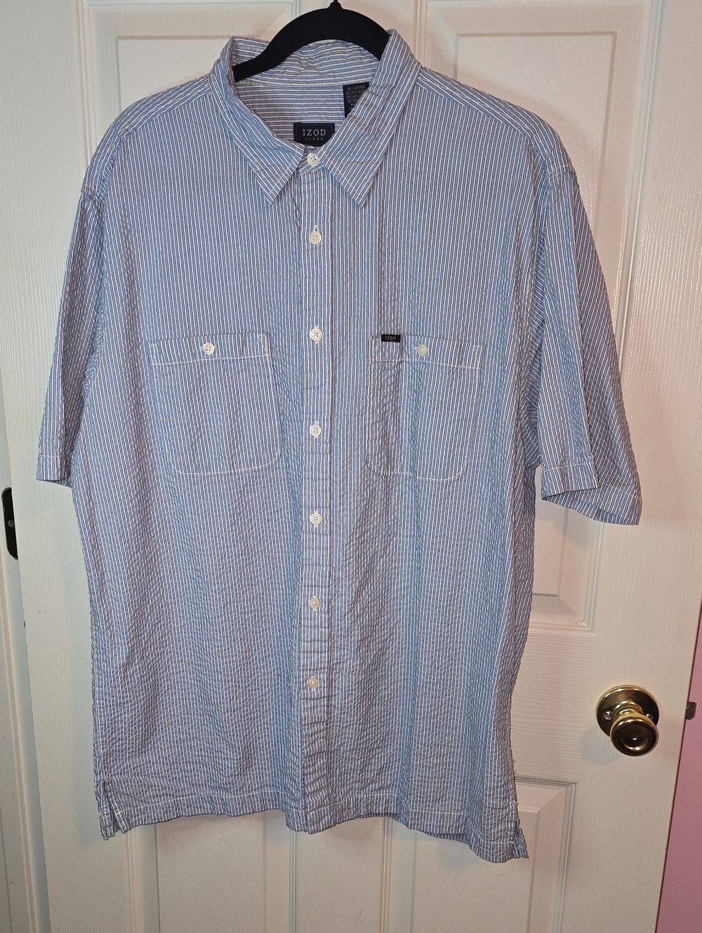 Izod Blue and White Striped Short-Sleeve Button-Down Shirt